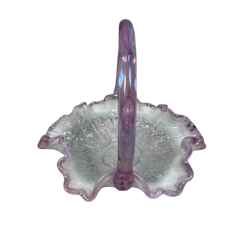 Fenton Iridescent Clear Carnival Glass Floral Basket Ruffled‎ Edge Pink Handle